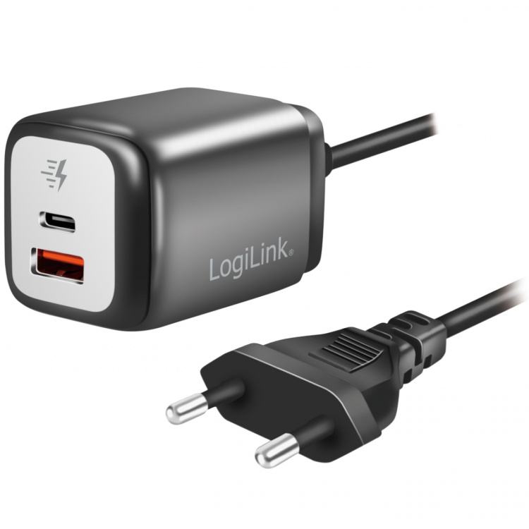 LogiLink USB-lader 1xUSB-A + 1xUSB-C med fast kabel 1,5m GaN 30W