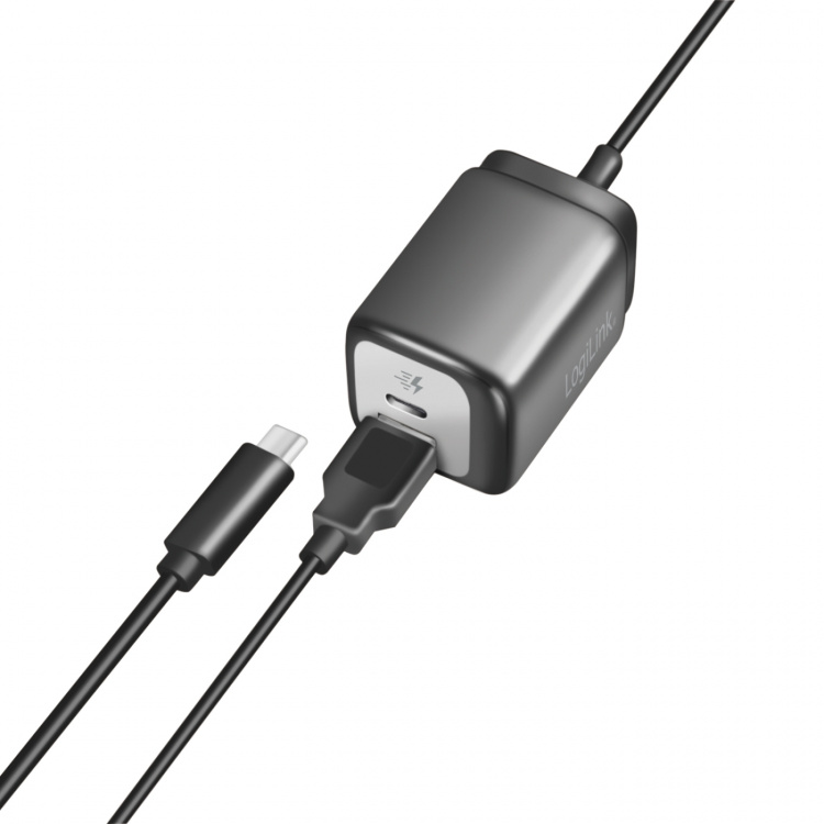 LogiLink USB-lader 1xUSB-A + 1xUSB-C med fast kabel 1,5m GaN 30W