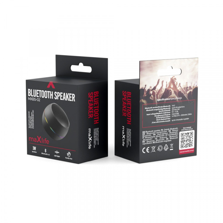 Maxlife MXBS-02 - Bærbar Bluetooth-høyttaler med LED-belysning, 3 W, svart