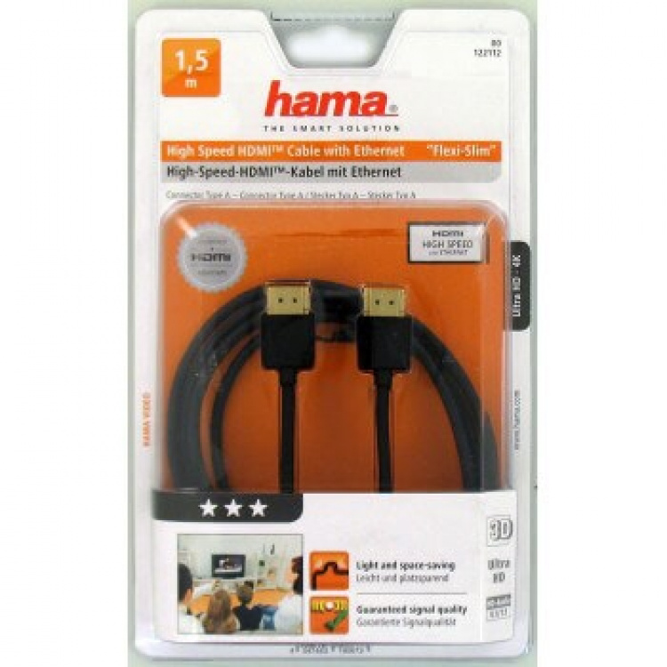 HAMA HDMI kabel ethernet 1,5m svart Flexislim TL