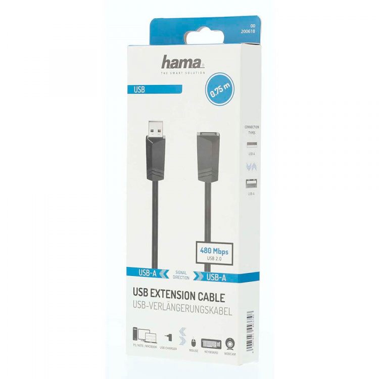 Hama USB Forlengelseskabel 480 Mbit/s 0,75m Svart Hama USB Forlengelseskabel 480 Mbit/s 0,75m Svart