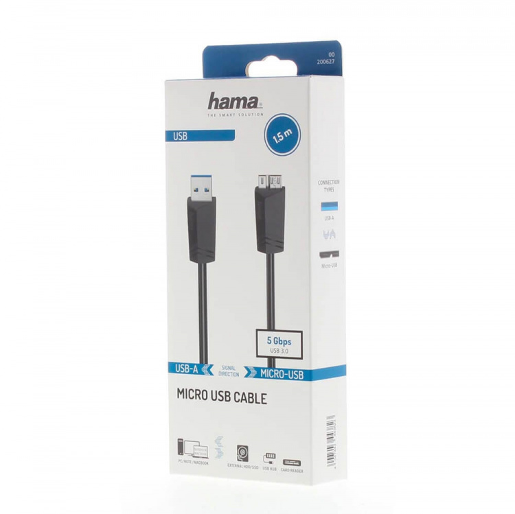 Hama Kabel Micro-USB 3.0 5Gbit/s Svart 1.5 Hama Kabel Micro-USB 3.0 5Gbit/s Svart 1.5