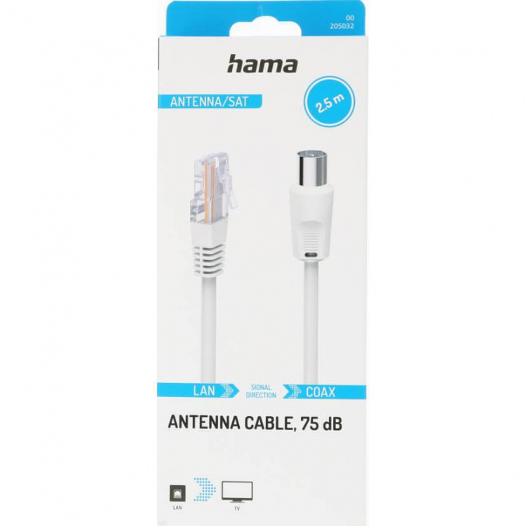 Hama Antennekabel 75dB Koaxialkontakt til RJ45-kontakt Hvit 2,5m