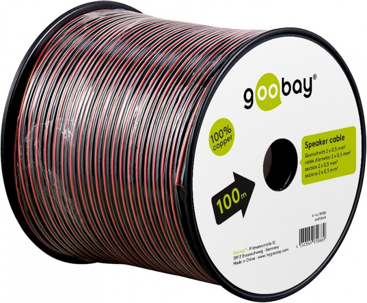 Goobay Høyttalerkabel rød;svart CU 100 m spole, tverrsnitt 2 x 0,5 mm²