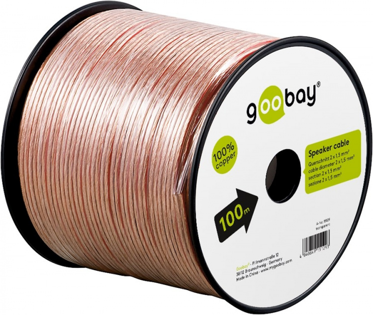 Goobay Høyttalerkabel transparent CU 100 m spole, tverrsnitt 2 x 1,5 mm²