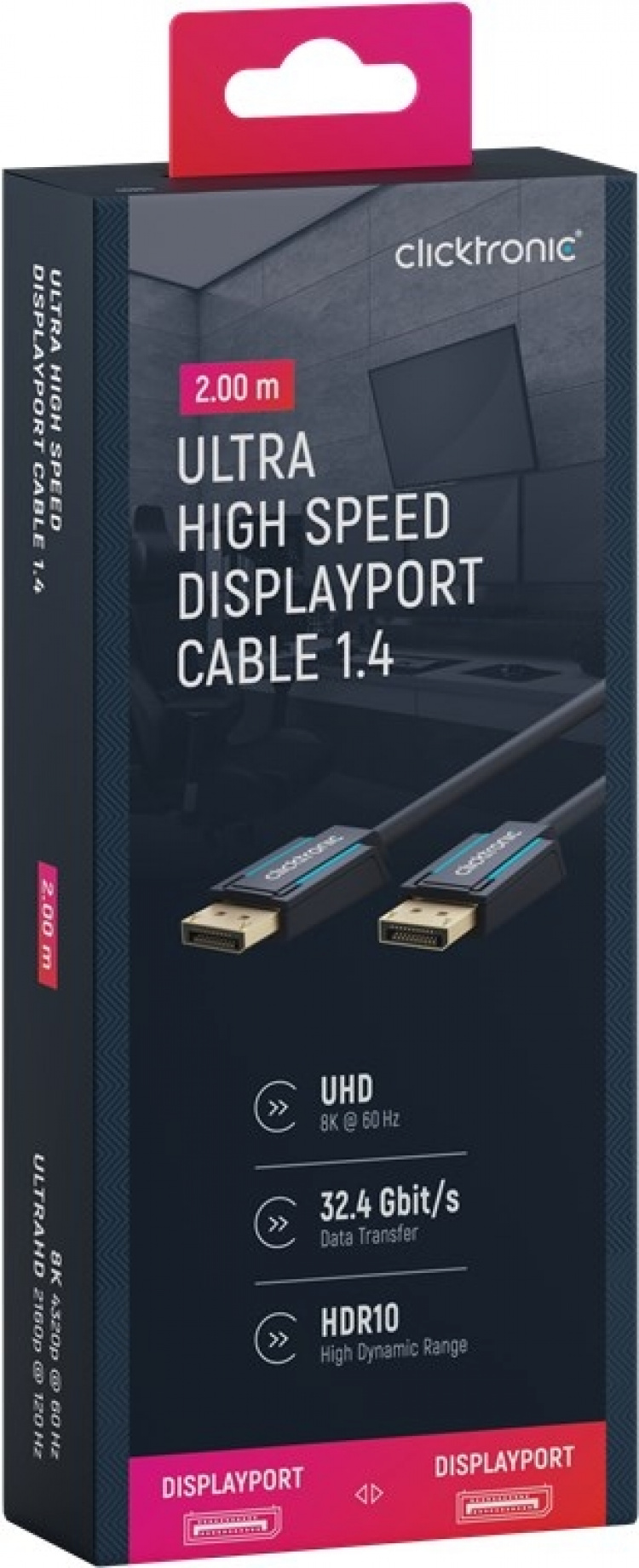 ClickTronic DisplayPort™-kabel Premium-kabel | 1x DisplayPort™-kontakt 1x DisplayPort™-kontakt 1x DisplayPort™-kontakt | 2,0 m | UHD 8K @ 60 Hz