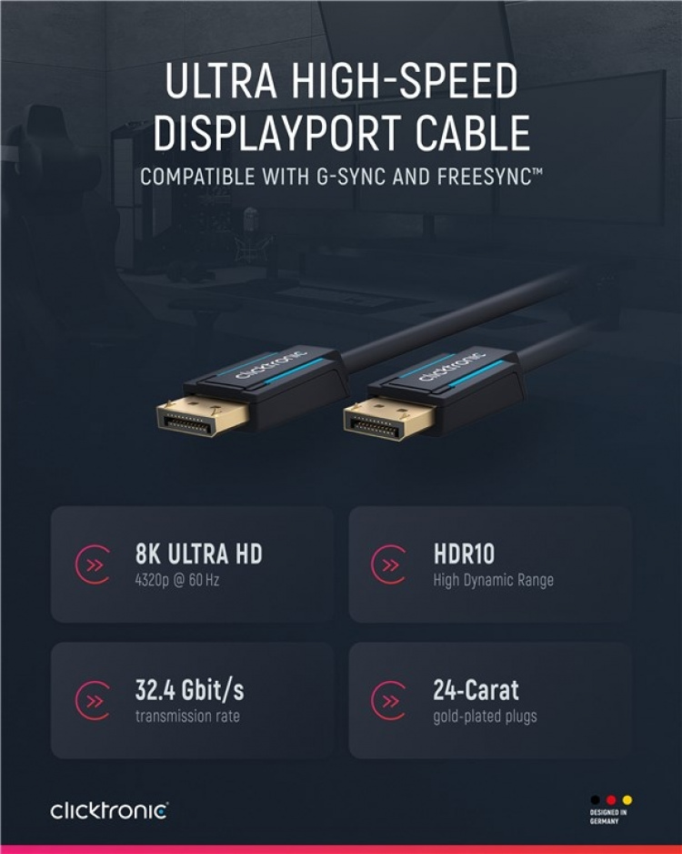 ClickTronic DisplayPort™-kabel Premium-kabel | 1x DisplayPort™-kontakt 1x DisplayPort™-kontakt 1x DisplayPort™-kontakt | 2,0 m | UHD 8K @ 60 Hz