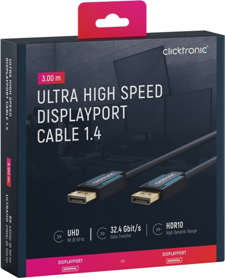 ClickTronic DisplayPort™-kabel Premium-kabel | 1x DisplayPort™-kontakt 1x DisplayPort™-kontakt 1x DisplayPort™-kontakt | 3,0 m | UHD 8K @ 60 Hz ClickTronic DisplayPort™-kabel Premium-kabel | 1x DisplayPort™-kontakt 1x DisplayPort™-kontakt 1x DisplayPort™-kontakt | 3,0 m | UHD 8K @ 60 Hz