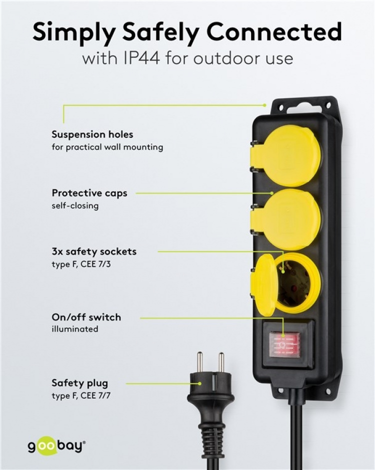 Goobay Grenuttak, 3 stikkontakter, sprutbeskyttelse, 3 m 3 jordede grenuttak med beskyttelsesdeksel, egnet for utendørs bruk