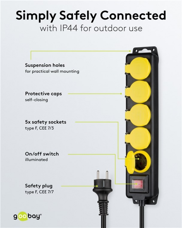Goobay Stikkontakt, 5 stikkontakter, sprutbeskyttelse, 3 m 5 jordede stikkontakter med beskyttelsesdeksel, egnet for utendørs bruk