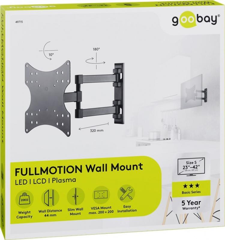 Goobay TV-veggbrakett Basic FULLMOTION (S) for TV-er fra 23 til 42 tommer (58-107 cm), fullt mobil (svingbar og vippbar) opp til 20 kg