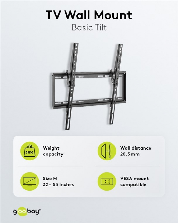 Goobay TV-veggfeste Basic TILT (M) for TV-er fra 32 til 55 tommer (81 til 140 cm), vippbart opp til 35 kg