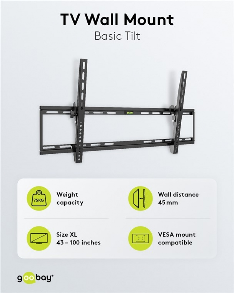 Goobay TV-veggfeste Basic TILT (XL) for TV-er fra 43 til 100 tommer (109-254 cm), vippbart opp til 75 kg