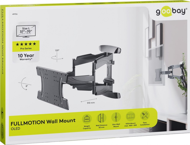 Goobay TV-veggbrakett OLED FULLMOTION (L) spesielt for OLED-TV-er fra 37 til 70 tommer (94 til 178 cm), fullt bevegelig (svingbar og vippbar) opp til 30 kg