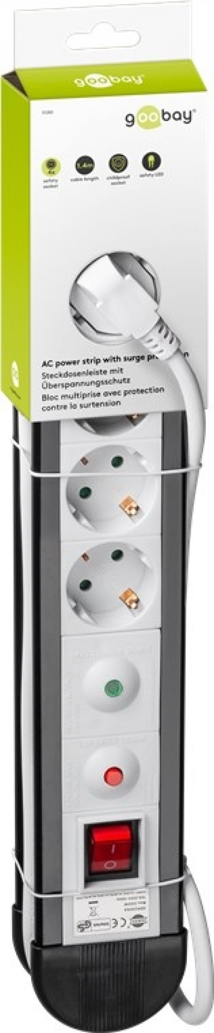 Goobay Strømuttak med overspenningsvern, 4 uttak, 1,4 m 4 jordet strømuttak med bryter