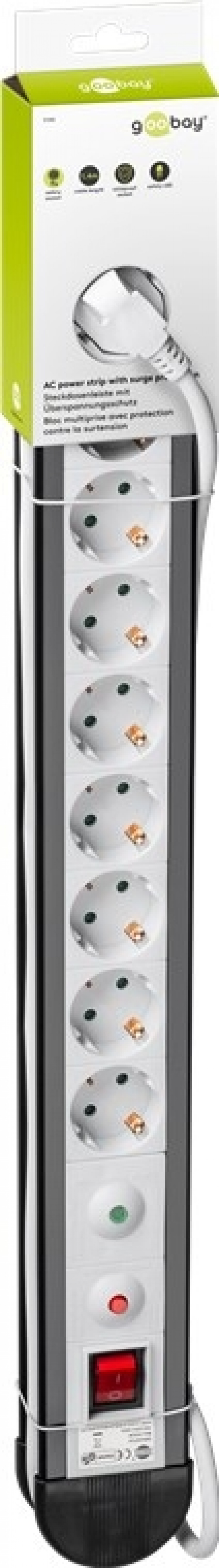 Goobay Grenuttak med overspenningsvern, 9 uttak, 1,4 m 9 jordet grenuttak med effektbryter