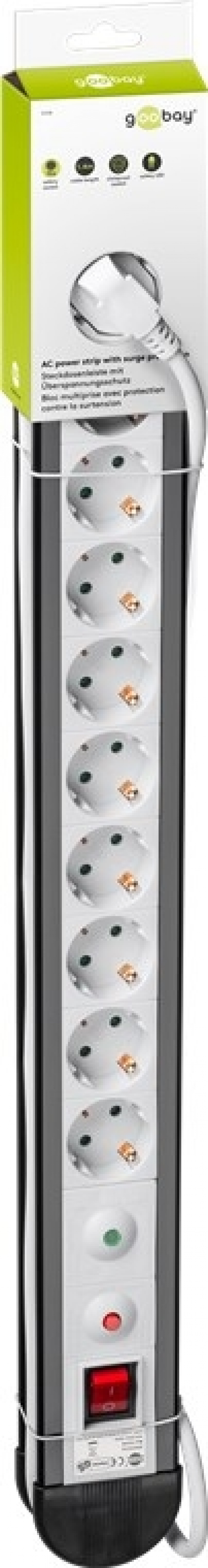 Goobay Strømuttak med overspenningsvern, 10 uttak, 1,4 m 10 jordet strømuttak med strømbryter