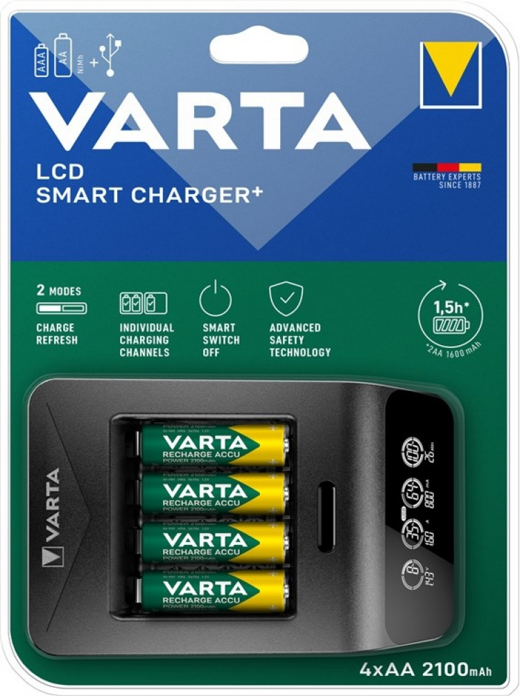 Varta LCD Smart Charger+ (type 57684) inkl. 4x AA 2100 mAh lader opptil 4x AA-batterier eller AAA-batterier (NiMH) samtidig
