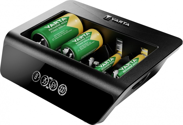 Varta LCD Universal Charger+ (type 57688) lader 1x 9V-batteri eller opptil 4x AA-, AAA-, C- eller D-batterier (NiMH) samtidig Varta LCD Universal Charger+ (type 57688) lader 1x 9V-batteri eller opptil 4x AA-, AAA-, C- eller D-batterier (NiMH) samtidig