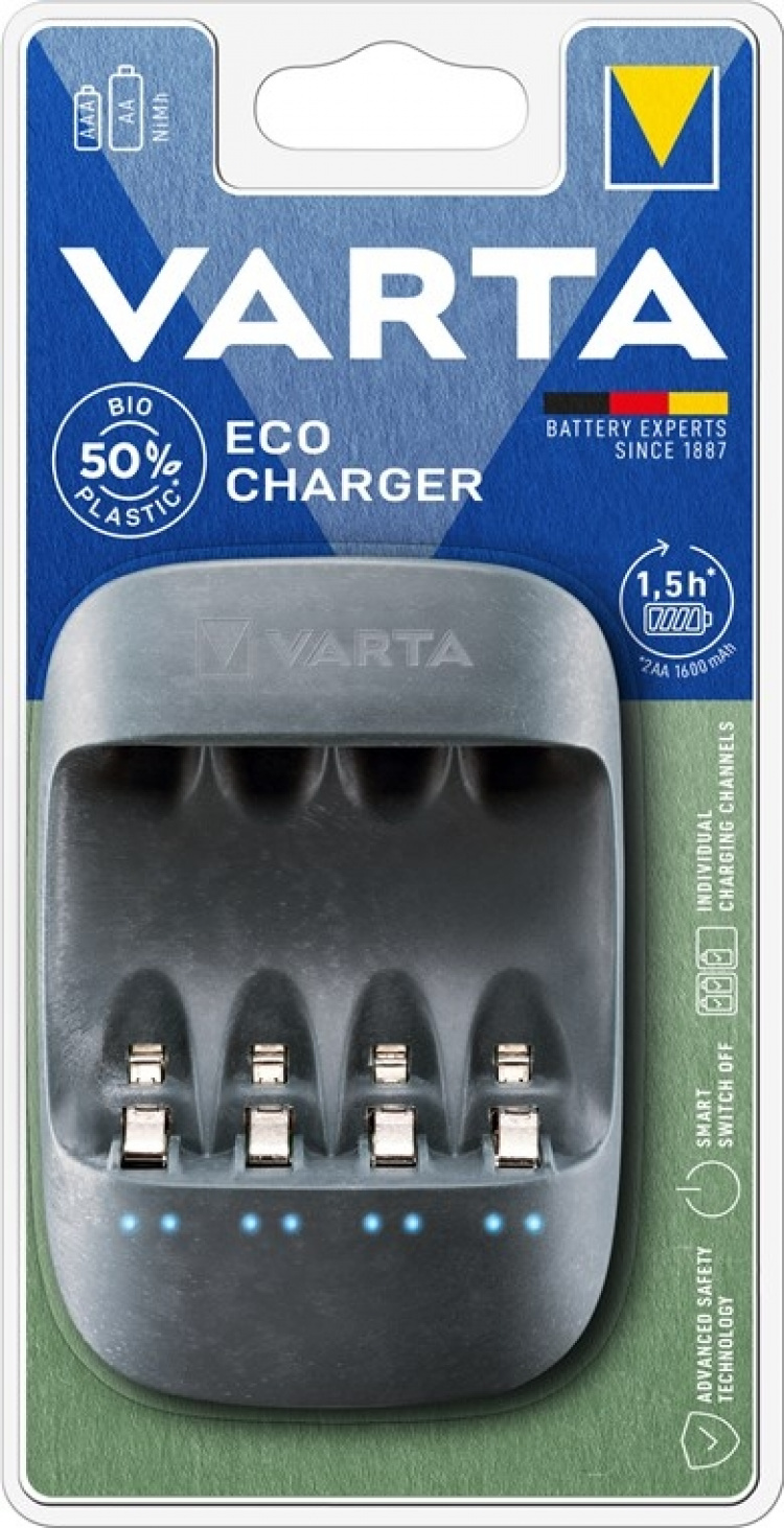 Varta Eco Charger (type 57680) lader opptil 4 x AA-batterier eller AAA-batterier (NiMH) samtidig