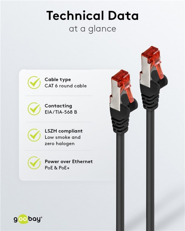 Goobay Kretskabel CAT 6, S/FTP (PiMF), svart, 2 m kobberleder (CU), halogenfri kabelmantel (LSZH)
