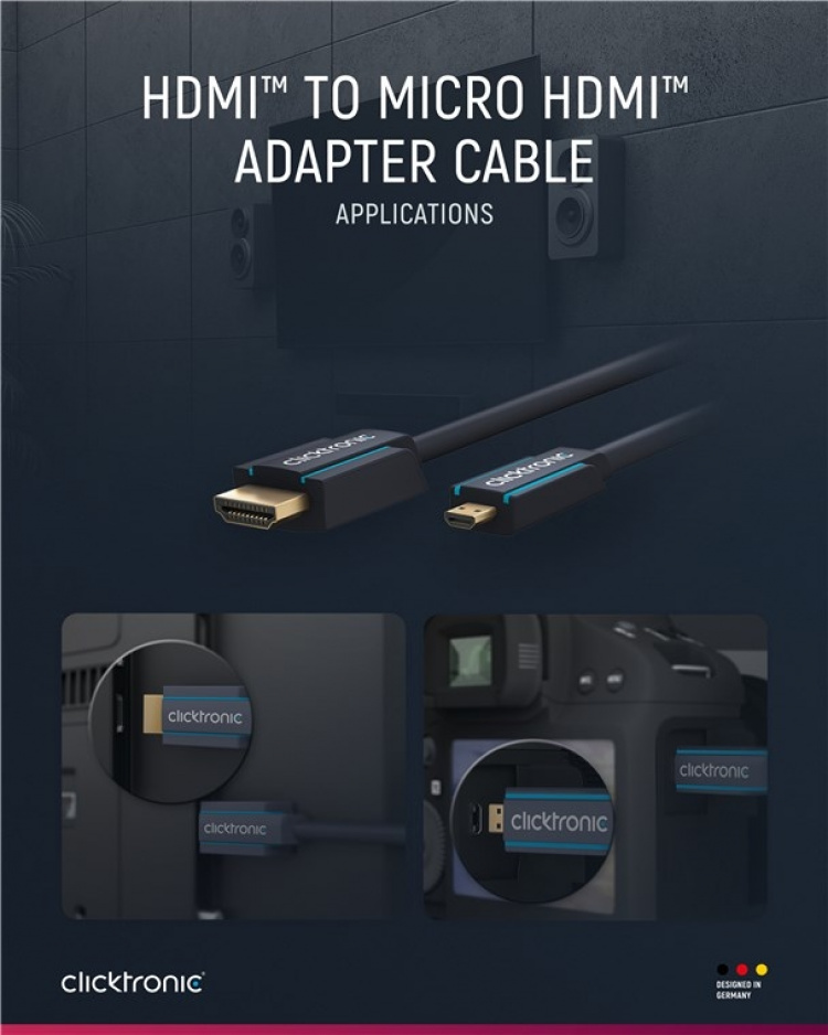 ClickTronic HDMI™ til Micro HDMI™ adapterkabel Premium kabel | 1x HDMI™-kontakt 1x Micro-HDMI™-kontakt | 2,0 m | UHD 4K @ 30 Hz ClickTronic HDMI™ til Micro HDMI™ adapterkabel Premium kabel | 1x HDMI™-kontakt 1x Micro-HDMI™-kontakt | 2,0 m | UHD 4K @ 30 Hz