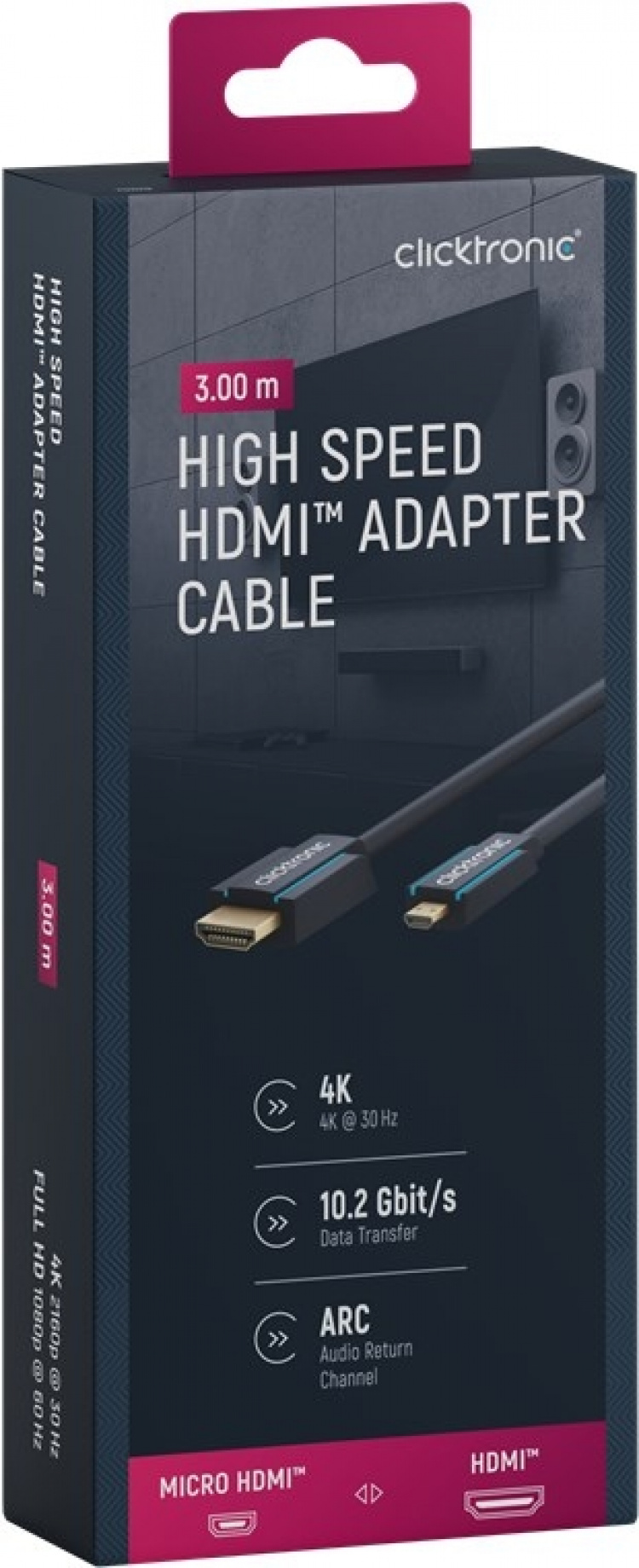 ClickTronic HDMI™ til Micro HDMI™ adapterkabel Premium kabel | 1x HDMI™-kontakt 1x Micro-HDMI™-kontakt | 3,0 m | UHD 4K @ 30 Hz