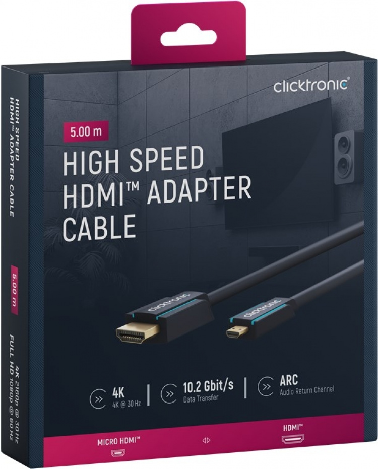 ClickTronic HDMI™ til Micro HDMI™ adapterkabel Premium kabel | 1x HDMI™-kontakt 1x Micro-HDMI™-kontakt | 5,0 m | UHD 4K @ 30 Hz