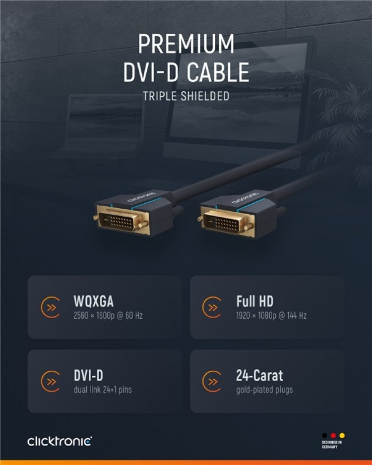 ClickTronic DVI-kabel Premium-kabel | 1x DVI-kontakt 1x DVI-kontakt | 5,0 m | WQXGA @ 60 Hz