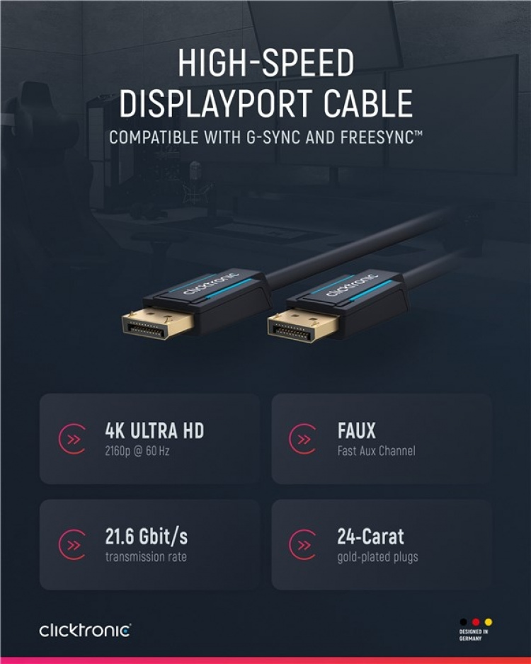 ClickTronic DisplayPort™-kabel Premium-kabel | 1x DisplayPort™-kontakt 1x DisplayPort™-kontakt 1x DisplayPort™-kontakt | 2,0 m | UHD 4K @ 60 Hz ClickTronic DisplayPort™-kabel Premium-kabel | 1x DisplayPort™-kontakt 1x DisplayPort™-kontakt 1x DisplayPort™-kontakt | 2,0 m | UHD 4K @ 60 Hz