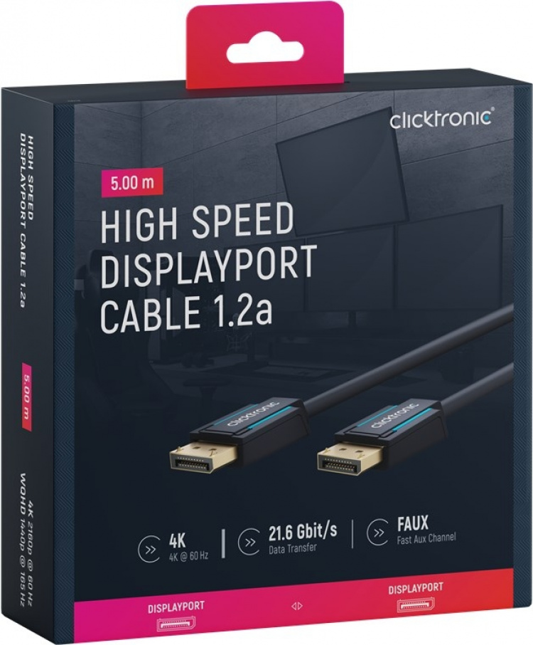ClickTronic DisplayPort™-kabel Premium-kabel | 1x DisplayPort™-kontakt 1x DisplayPort™-kontakt 1x DisplayPort™-kontakt | 5,0 m | UHD 4K @ 60 Hz