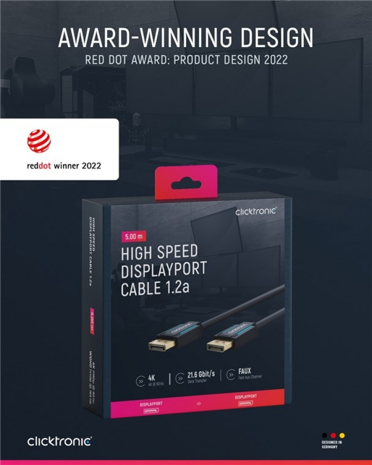 ClickTronic DisplayPort™-kabel Premium-kabel | 1x DisplayPort™-kontakt 1x DisplayPort™-kontakt 1x DisplayPort™-kontakt | 5,0 m | UHD 4K @ 60 Hz