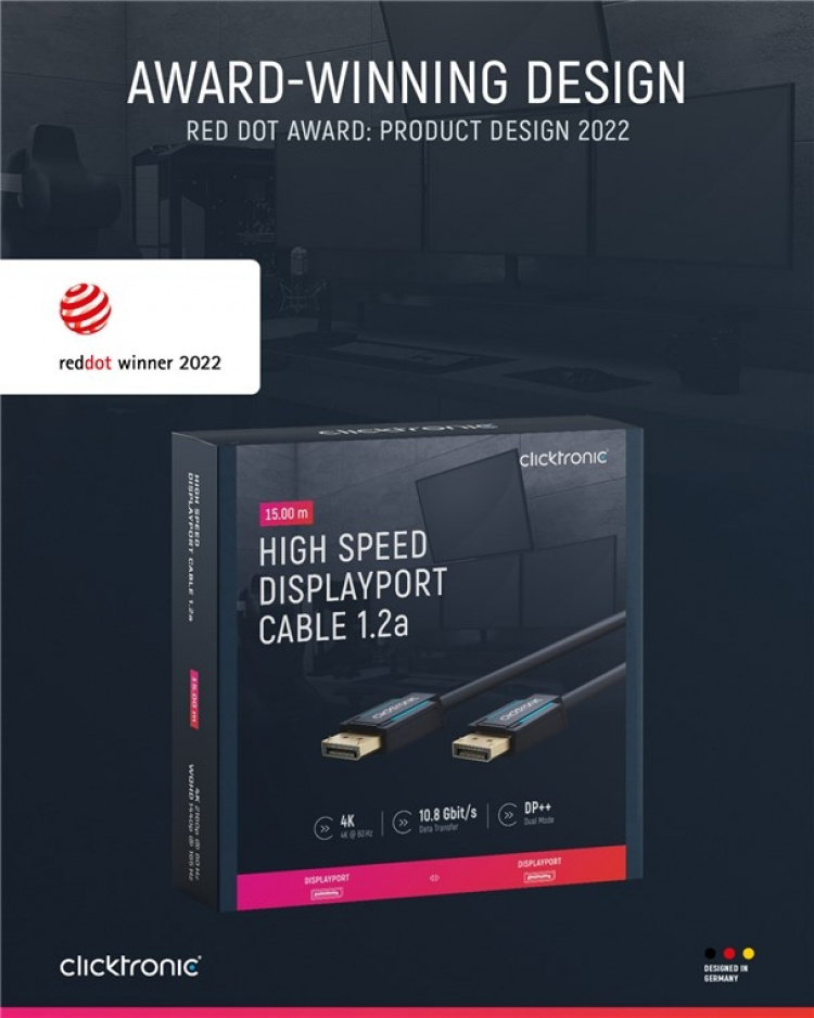 ClickTronic DisplayPort™-kabel Premium-kabel | 1x DisplayPort™-kontakt 1x DisplayPort™-kontakt 1x DisplayPort™-kontakt | 15,0 m | UHD 4K @ 60 Hz