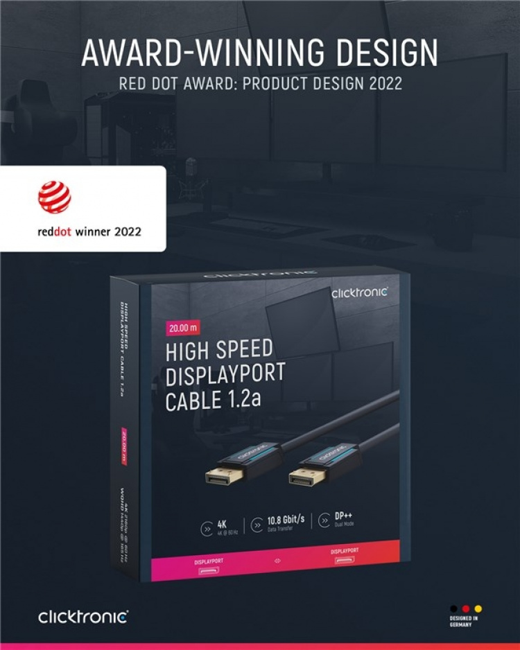ClickTronic DisplayPort™-kabel Premium-kabel | 1x DisplayPort™-kontakt 1x DisplayPort™-kontakt | 20,0 m | UHD 4K @ 60 Hz