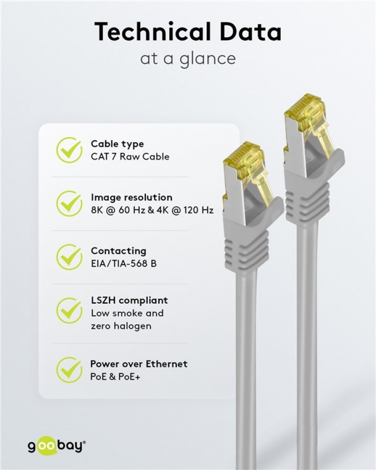 Goobay RJ45 patchkabel S/FTP (PiMF), 500 MHz, med CAT 7 råkabel, grå, 1,5 m LSZH halogenfri kabelmantel, kobber, RJ45-kontakt (CAT 6A) Goobay RJ45 patchkabel S/FTP (PiMF), 500 MHz, med CAT 7 råkabel, grå, 1,5 m LSZH halogenfri kabelmantel, kobber, RJ45-kontakt (CAT 6A)