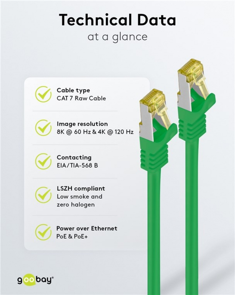 Goobay RJ45 patchkabel S/FTP (PiMF), 500 MHz, med CAT 7 råkabel, grønn, 2 m LSZH halogenfri kabelkappe, kobber, RJ45-kontakt (CAT 6A) Goobay RJ45 patchkabel S/FTP (PiMF), 500 MHz, med CAT 7 råkabel, grønn, 2 m LSZH halogenfri kabelkappe, kobber, RJ45-kontakt (CAT 6A)