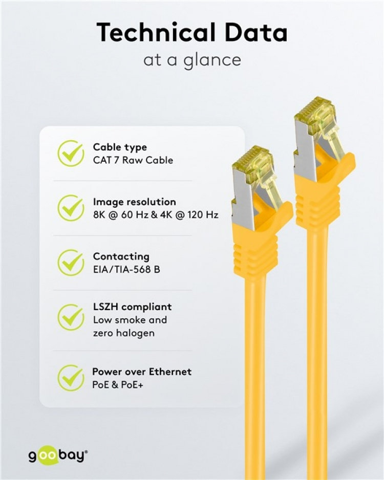 Goobay RJ45 patchkabel S/FTP (PiMF), 500 MHz, med CAT 7 råkabel, gul, 3 m LSZH halogenfri kabelmantel, kobber, RJ45-kontakt (CAT 6A) Goobay RJ45 patchkabel S/FTP (PiMF), 500 MHz, med CAT 7 råkabel, gul, 3 m LSZH halogenfri kabelmantel, kobber, RJ45-kontakt (CAT 6A)