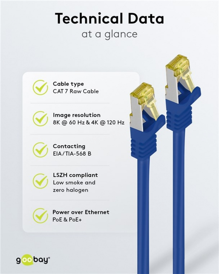 Goobay RJ45 patchkabel S/FTP (PiMF), 500 MHz, med CAT 7 råkabel, blå, 10 m LSZH halogenfri kabelkappe, kobber, RJ45-kontakt (CAT 6A) Goobay RJ45 patchkabel S/FTP (PiMF), 500 MHz, med CAT 7 råkabel, blå, 10 m LSZH halogenfri kabelkappe, kobber, RJ45-kontakt (CAT 6A)