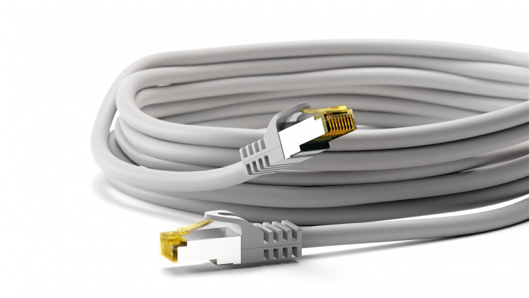Goobay RJ45 patchkabel S/FTP (PiMF), 500 MHz, med CAT 7 råkabel, grå, 20 m LSZH halogenfri kabelkappe, kobber, RJ45-kontakt (CAT 6A)