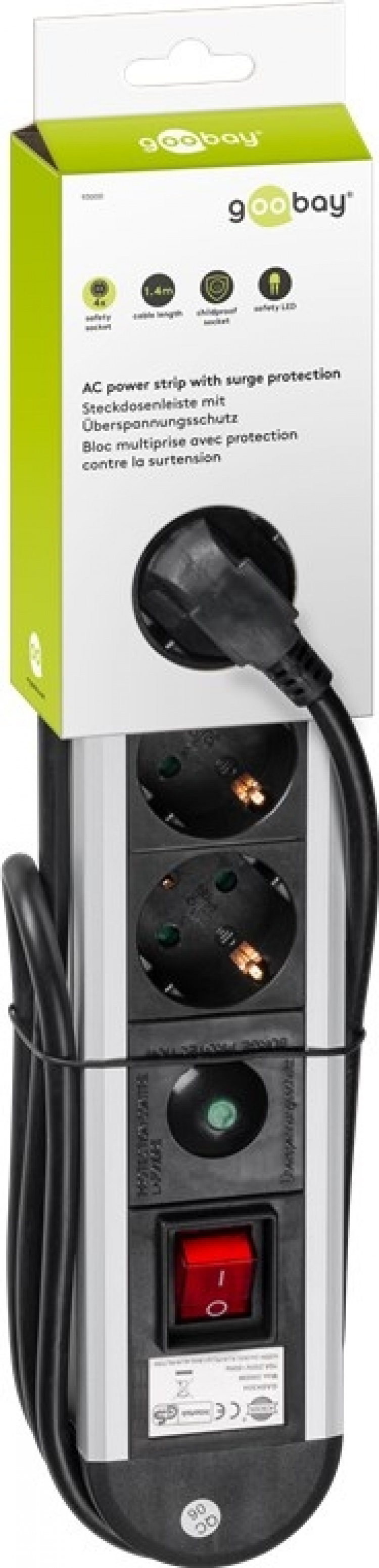 Goobay Strømuttak med overspenningsvern, 4 uttak, 1,4 m 4 jordede strømuttak med bryter