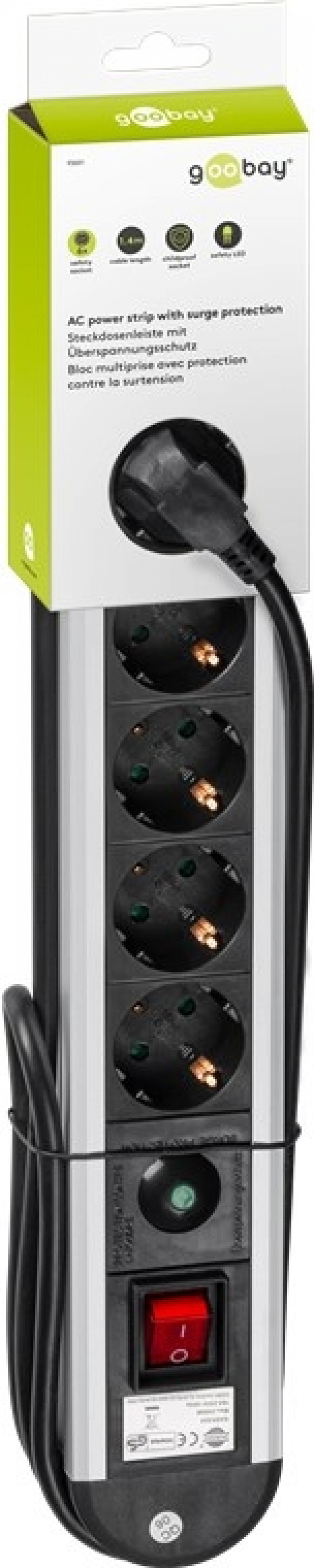Goobay Grenuttak med overspenningsvern, 6 uttak, 1,4 m 6 jordede grenuttak med bryter