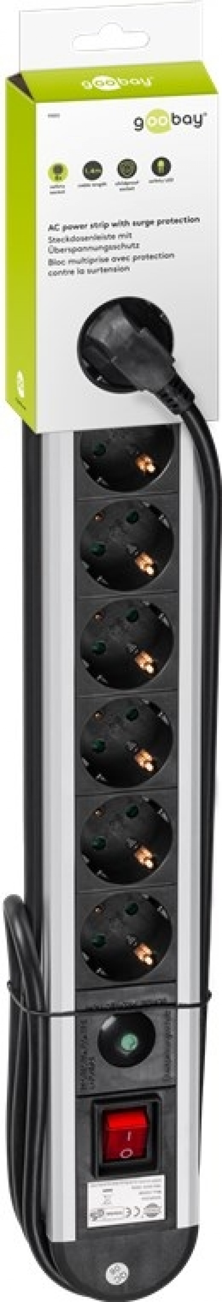 Goobay Strømuttak med overspenningsvern, 8 uttak, 1,4 m 8x jordet strømuttak med strømbryter
