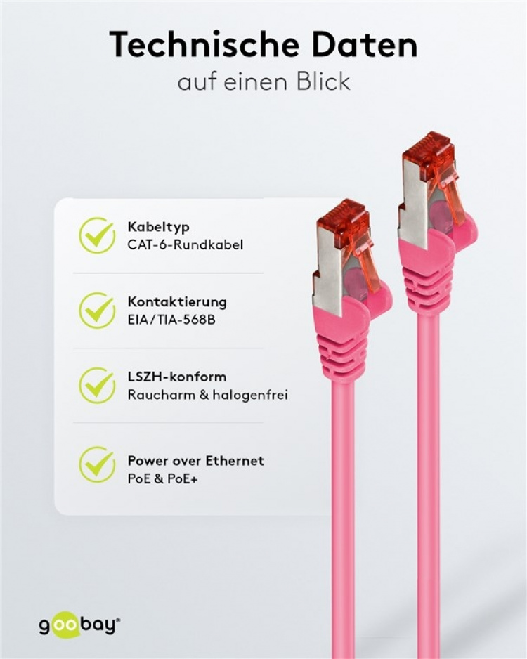 Goobay Kretskabel CAT 6, S/FTP (PiMF), magenta, 1,5 m kobberleder (CU), halogenfri kabelmantel (LSZH)