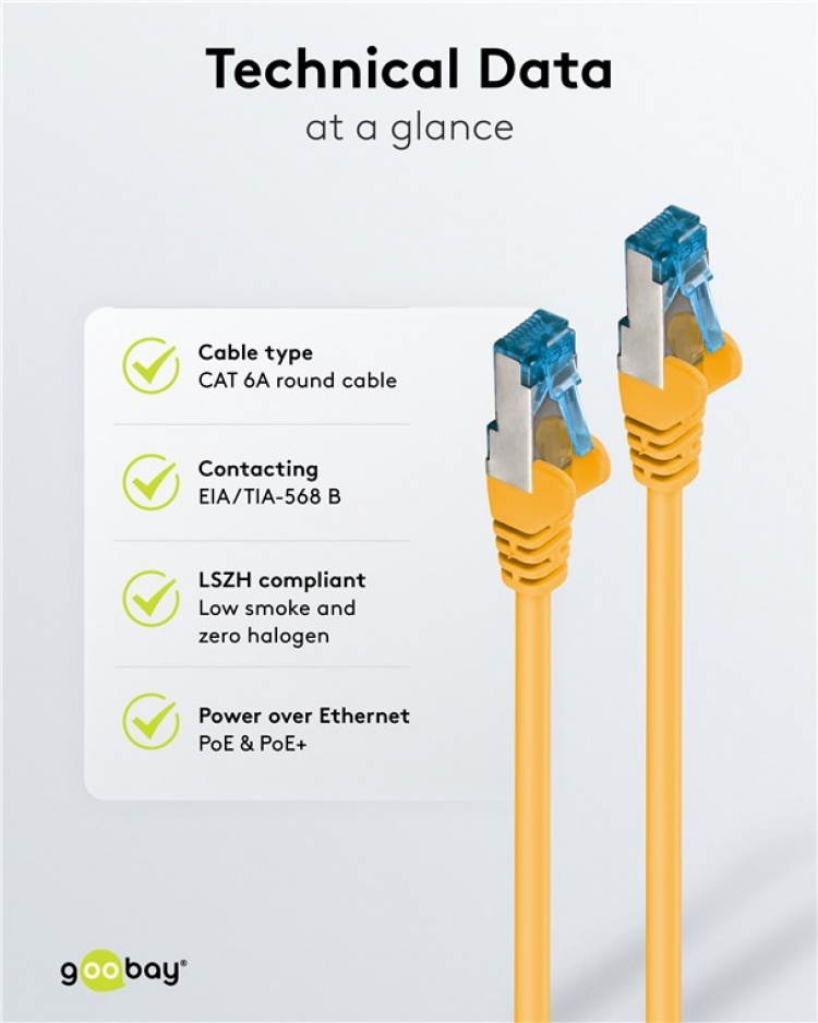 Goobay Kretskabel CAT 6A, S/FTP (PiMF), gul, 1,5 m kobberleder (CU), halogenfri kabelmantel (LSZH) Goobay Kretskabel CAT 6A, S/FTP (PiMF), gul, 1,5 m kobberleder (CU), halogenfri kabelmantel (LSZH)