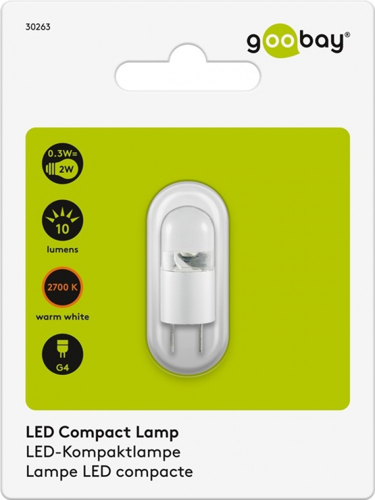 Goobay LED kompaktlampe, 0,3 W G4-sokkel, erstatter 2 W, varmhvit, ikke dimbar
