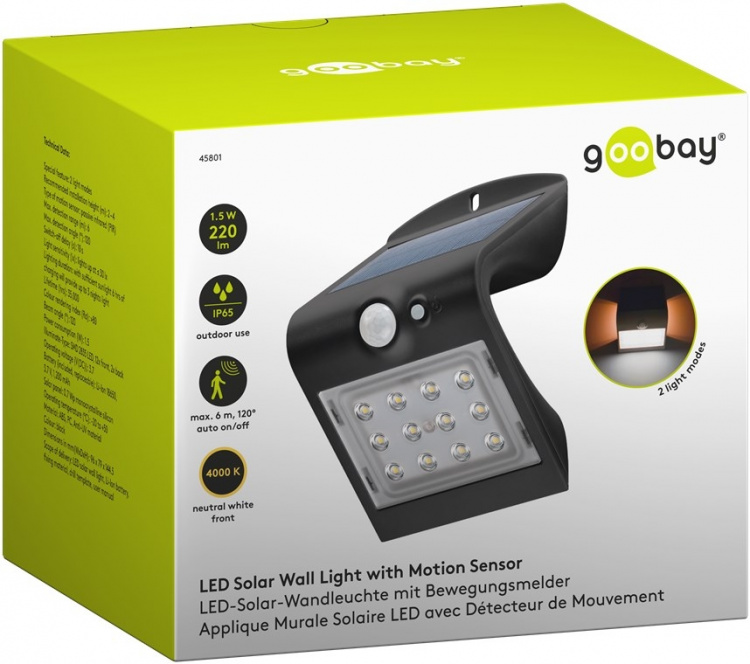 Goobay LED-solcellelampe med bevegelsesdetektor, 1,5 W nøytralt hvitt lys for inngangspartier, garasjeporter og trapper Goobay LED-solcellelampe med bevegelsesdetektor, 1,5 W nøytralt hvitt lys for inngangspartier, garasjeporter og trapper
