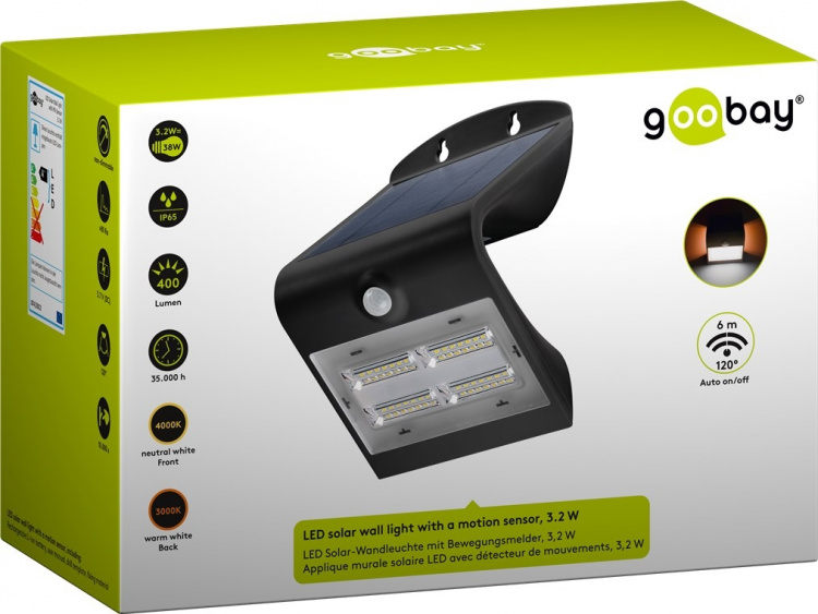 Goobay LED-solcellelampe med bevegelsesdetektor, 3,2 W belysning for inngangspartier, garasjeporter og trapper