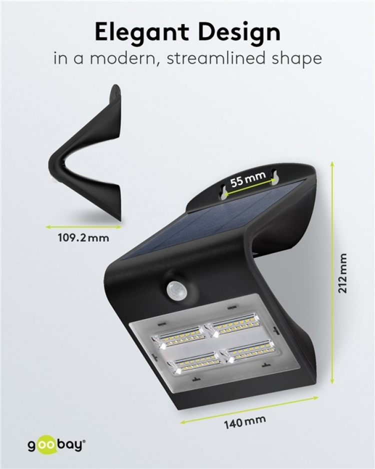 Goobay LED-solcellelampe med bevegelsesdetektor, 3,2 W belysning for inngangspartier, garasjeporter og trapper