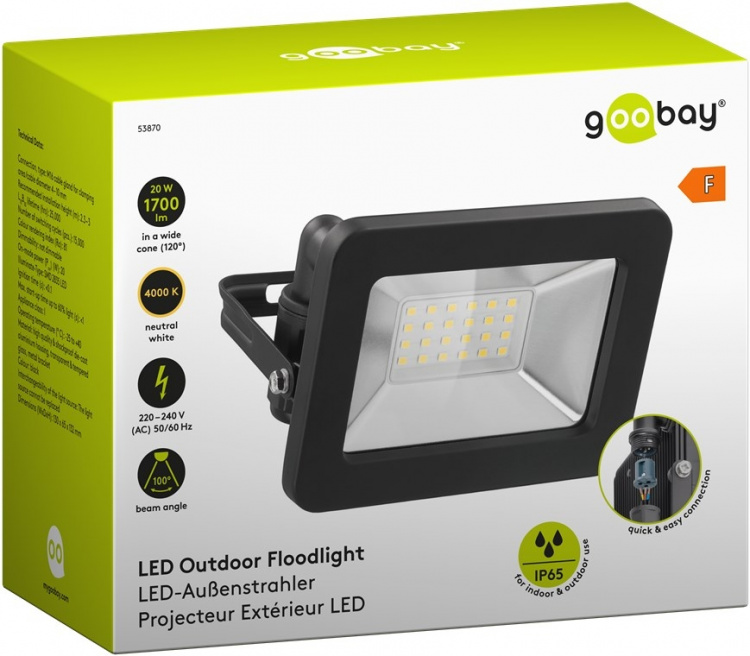 Goobay Utendørs LED-lyskaster, 20 W med 1700 lm, nøytralt hvitt lys (4000 K) og M16-kabelgjennomføring, egnet for utendørs bruk (IP65)