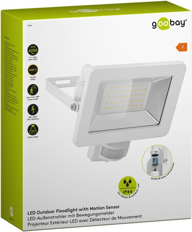 Goobay Utendørs LED-lyskaster, 50 W, med bevegelsesdetektor med 4250 lm, nøytralt hvitt lys (4000 K), PIR-sensor med PÅ/AV-funksjon og M16-kabelgjennomføring, egnet for utendørs bruk (IP44)